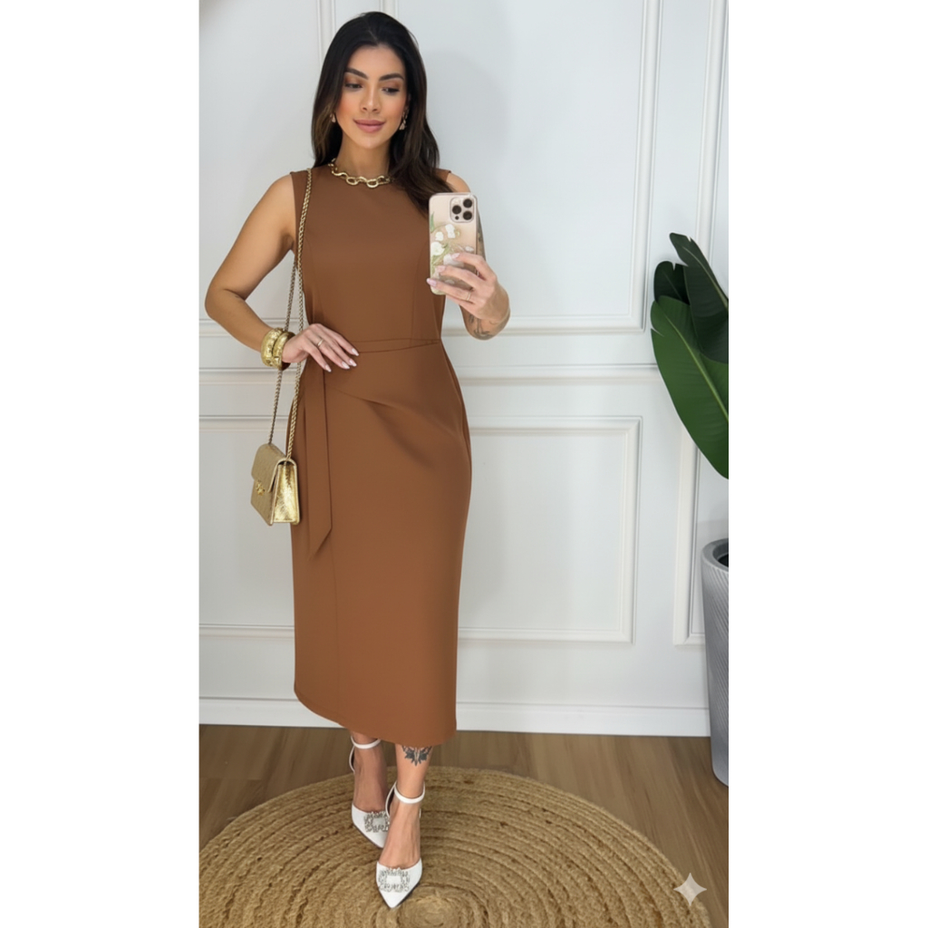 Vestido Midí Feminino Elegante de Alfaiataria com laço fenda na parte de trás em Oferta na Shopee