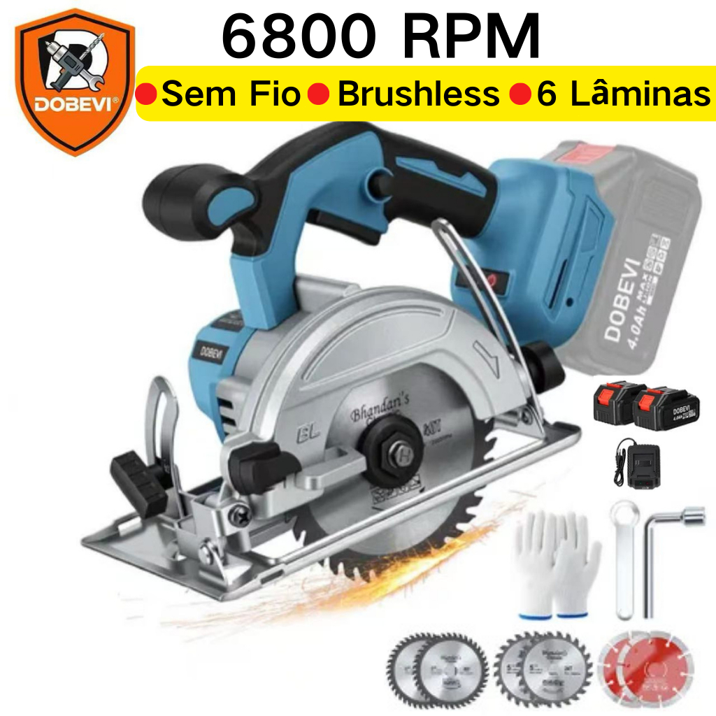Serra Circular Sem Fio 6800 RPM Profissional Brushless 6 Lâminas + 2  4.0ah Baterias 127/220V | DOBEVI | Madeira e Pedra
