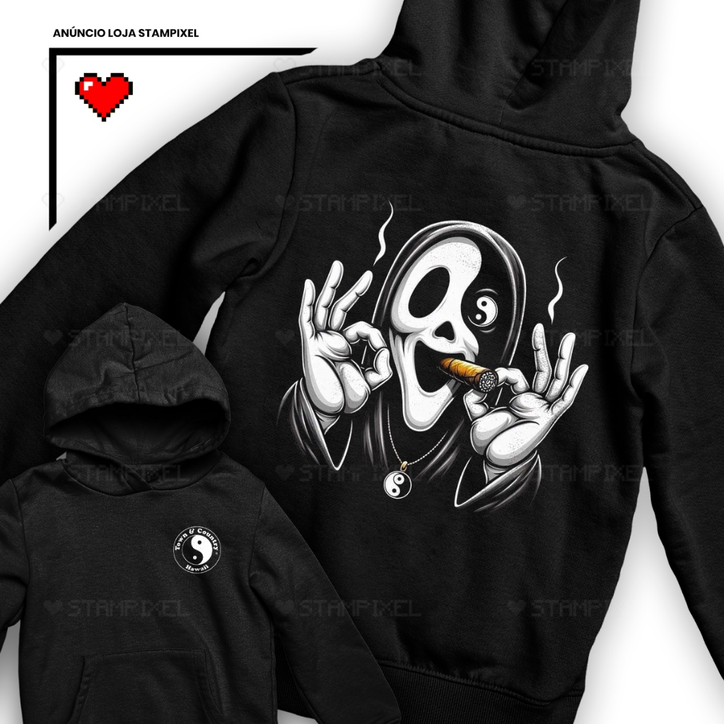 Moletom Canguru Town E Country Hawaii Frente E Verso Ghost Face Charuto Yin Yang Mandrake