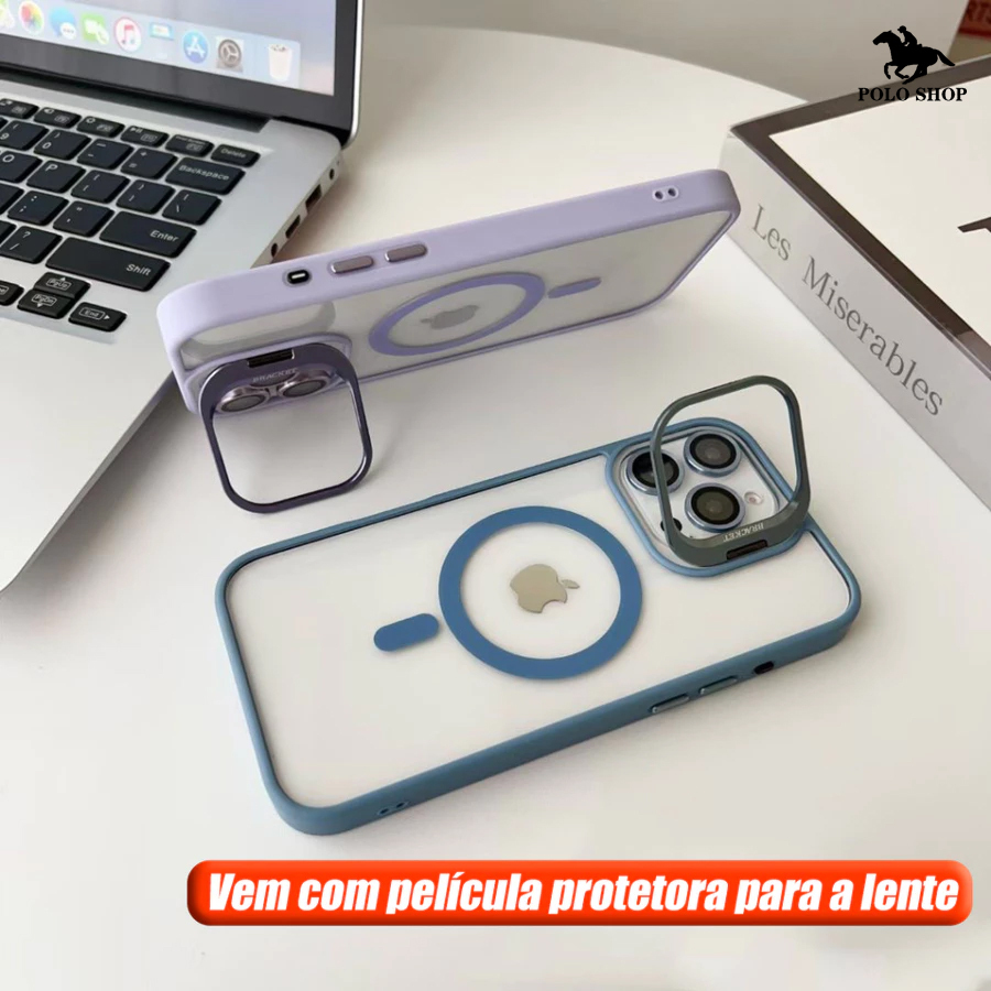Capinha MagSafe c/ Suporte e Película p/ Lente Grátis - p/ iPhone 11-16 Pro Max
