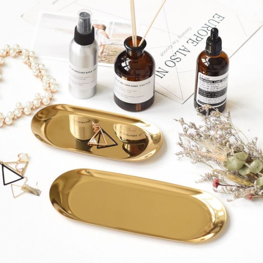 Bandeja Aco Inoxidavel Luxo Decorativa para Jóias Alimentos Dourado
