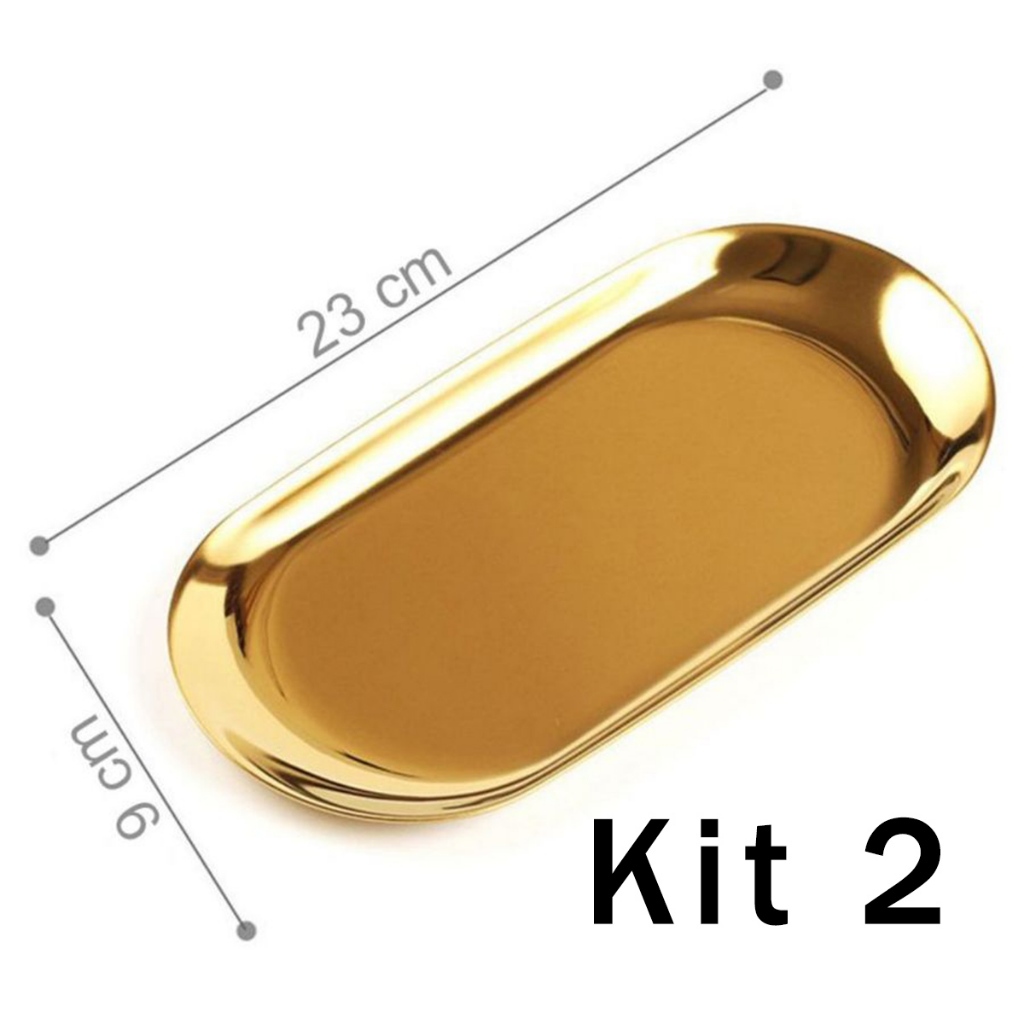 Kit 2 Bandeja Aco Inoxidavel Luxo Decorativa para Jóias Alimentos Dourado em Oferta na Shopee