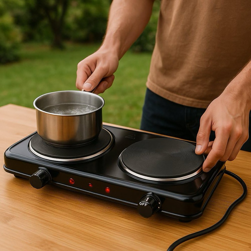 Fogão Elétrico 2 Bocas Panela Camping Assadeira Pequeno Branco Preto Preparo Comida Mini Grill Aquecimento Chapa