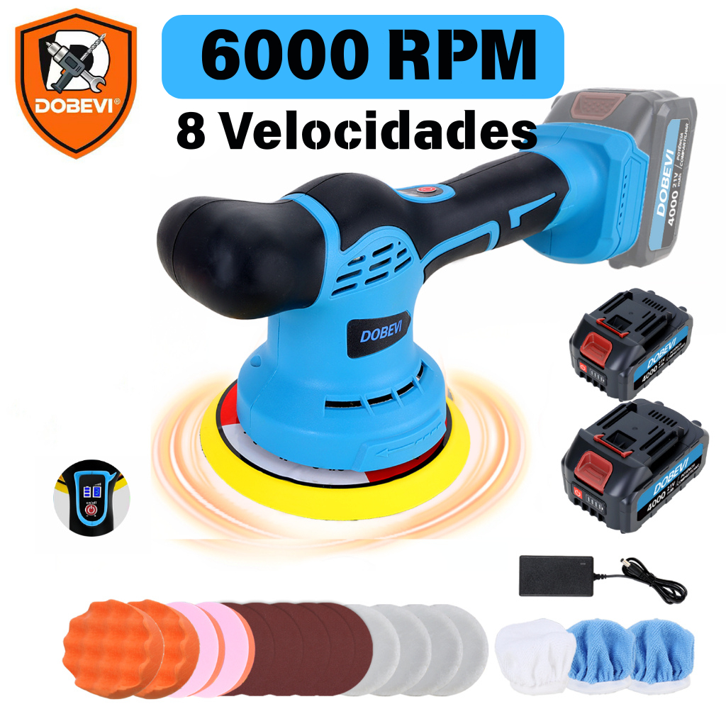 Politriz Automotiva 2 Baterias 4000mAh 8 Velocidades 6000RPM Orbital Dupla Ação | Sem Fio DOBEVI Politriz Automotiva 2 Baterias 4000mAh 8 Velocidades 6000RPM Orbital Dupla Ação | Sem Fio DOBEVI
