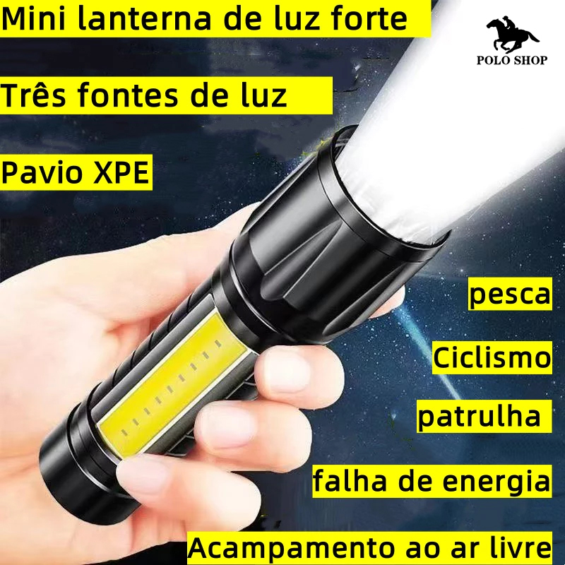 Lanterna Tática 3 em 1 - Zoom Ajustável, Recarregável USB - p/ Emergência, Camping e Trabalho