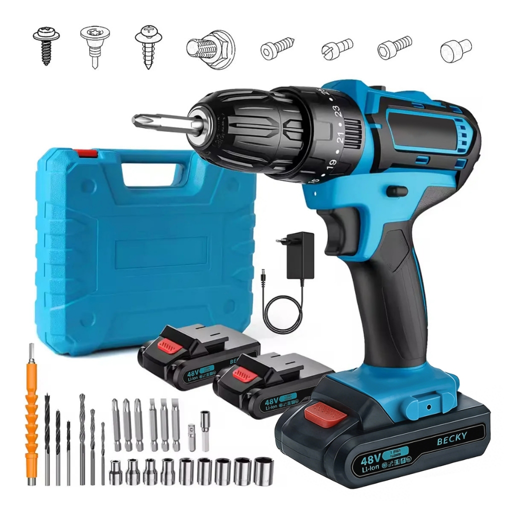 Parafusadeira 2 Baterias 48v Furadeira Maleta 28pcs Cor Preto/azul 110v/220v em Oferta na Shopee