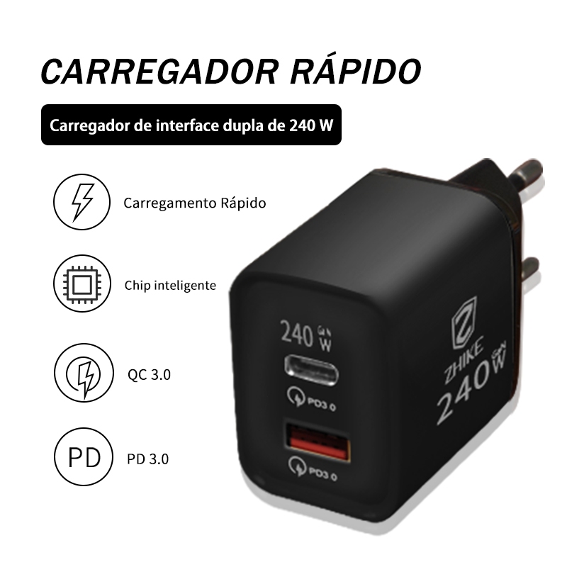 Adaptador De Carregamento Rápido USB A/Tipo C A+C 240 W 280 W GaN Carregador De Parede Para Viagem
