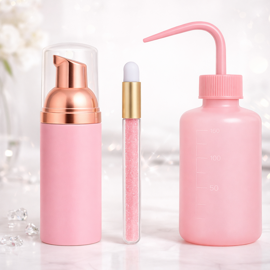 Kit Limpeza e Higienização para Extensão de Cílios – Pump, Pisseta e Pincel Rosa