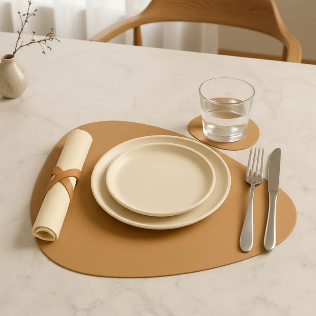 Jogo Americano Em Couro Várias Unidades Descansa Prato e Copo com Porta Guardanapo Barato