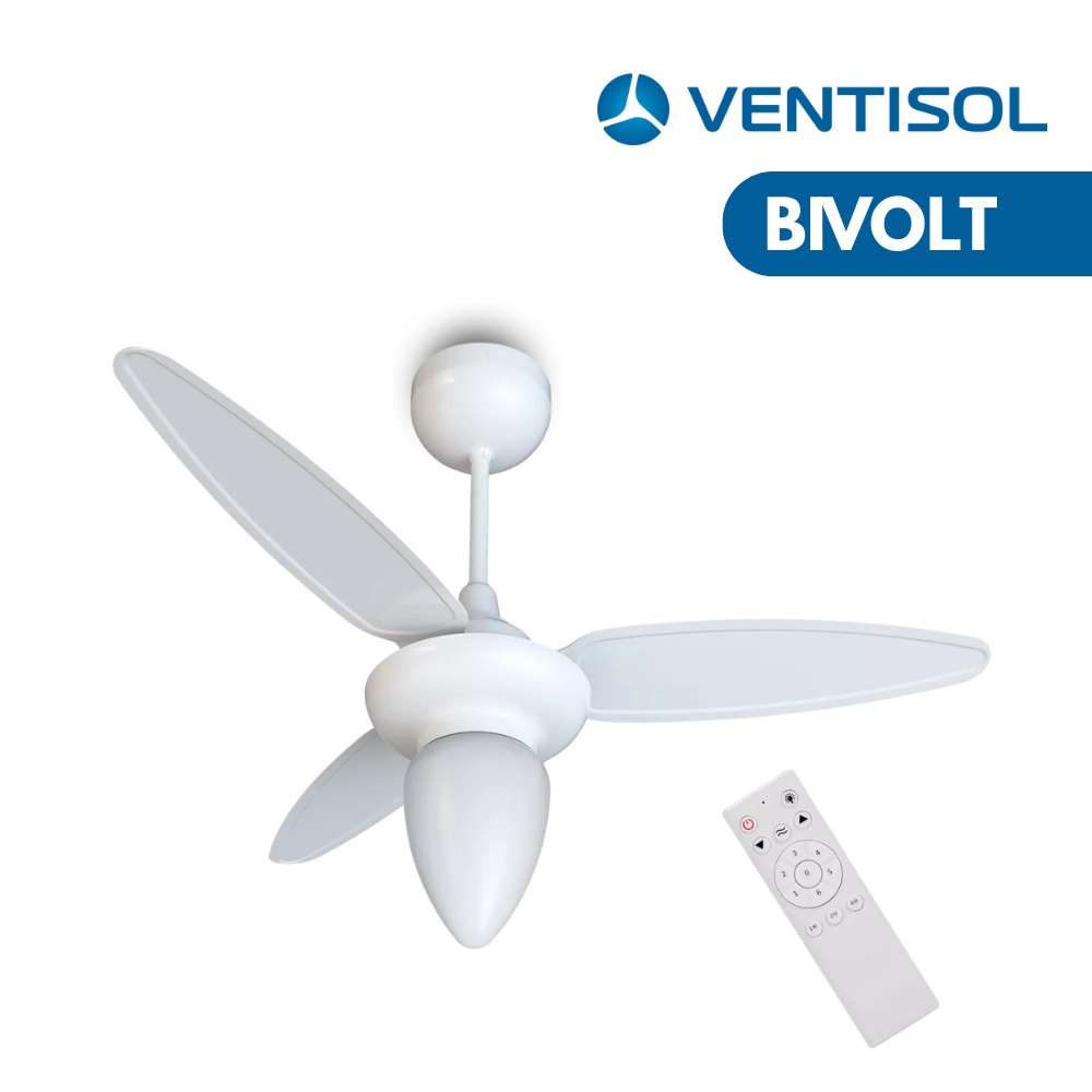 Ventilador de Teto Branco 3 Pás Bivolt Controle Remoto Wind Inverter Ventisol