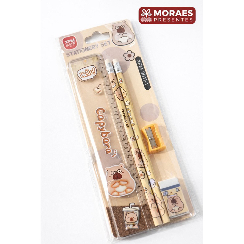 Kit papelaria capivara super fofo, com lápis, régua, borracha e apontador. Ideal para escola e presentear. em Oferta na Shopee