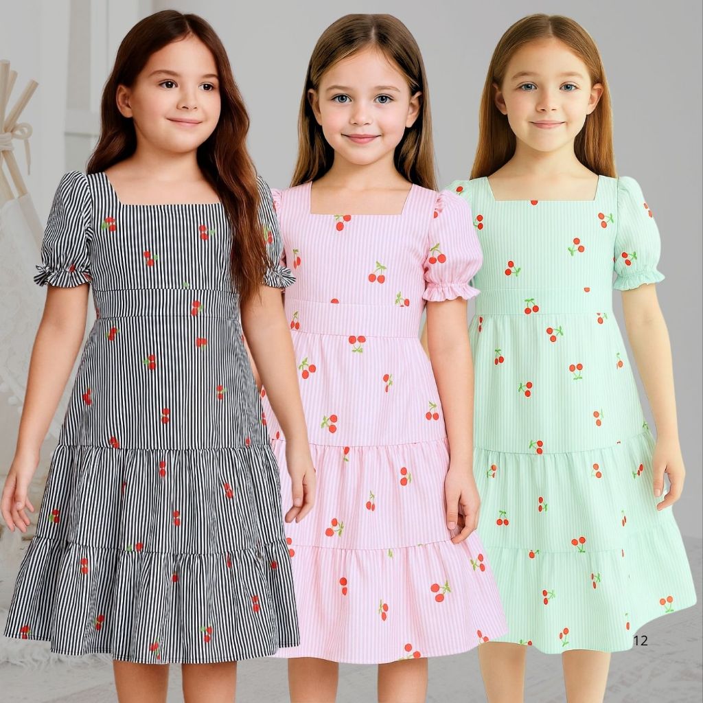 Vestido Infantil Juvenil Feminino Listrado com manga e cerejinhas menina adolescente (2 ao 16) em Oferta na Shopee