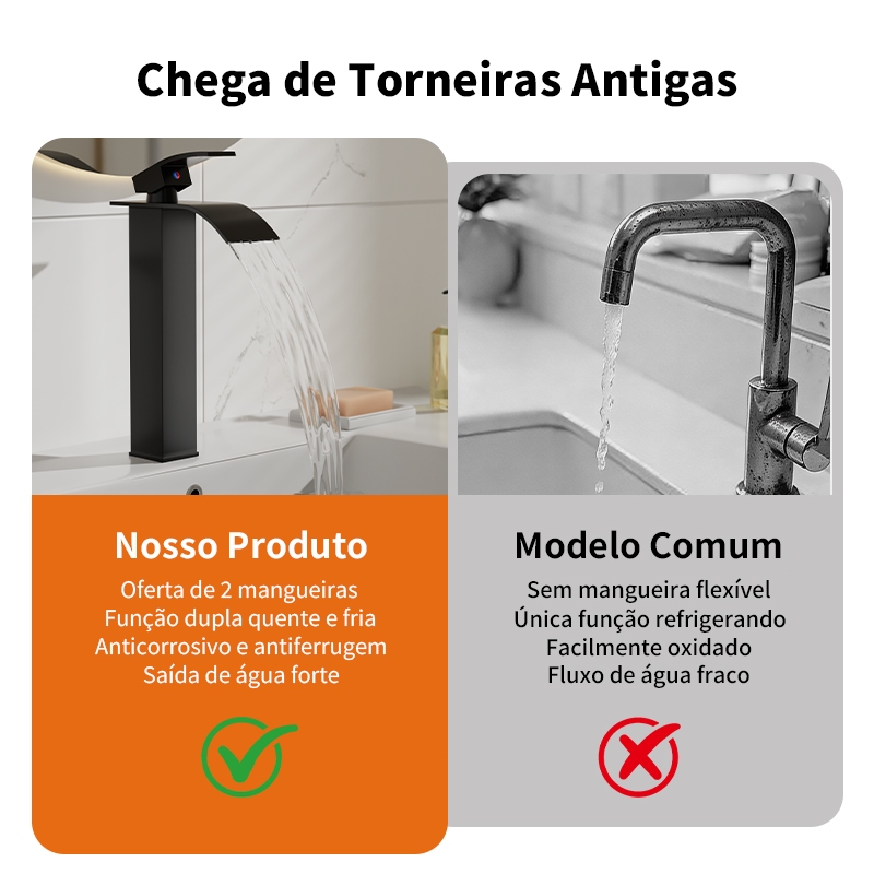 Torneira Cascata Alta para Banheiro Inox Quadrada Preta Misturador heemli