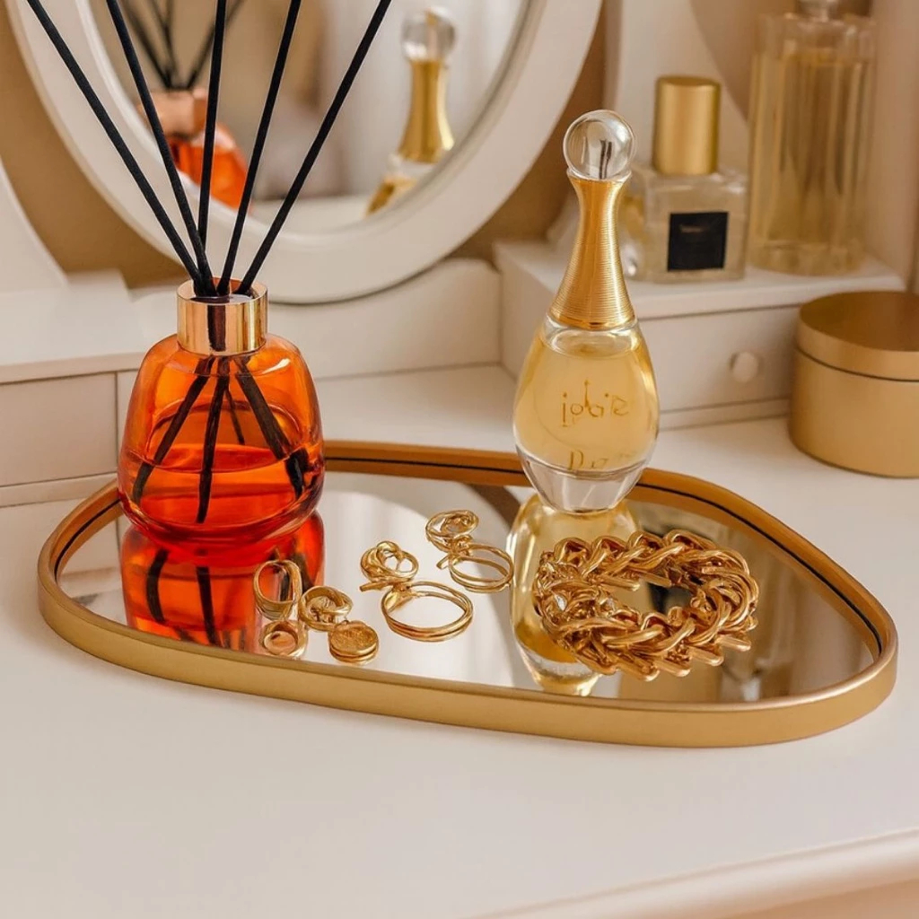 BANDEJA ORGANICA ESPELHADA DECORATIVA MULTIUSO BANHEIRO LAVABO SALA PRETO DOURADO