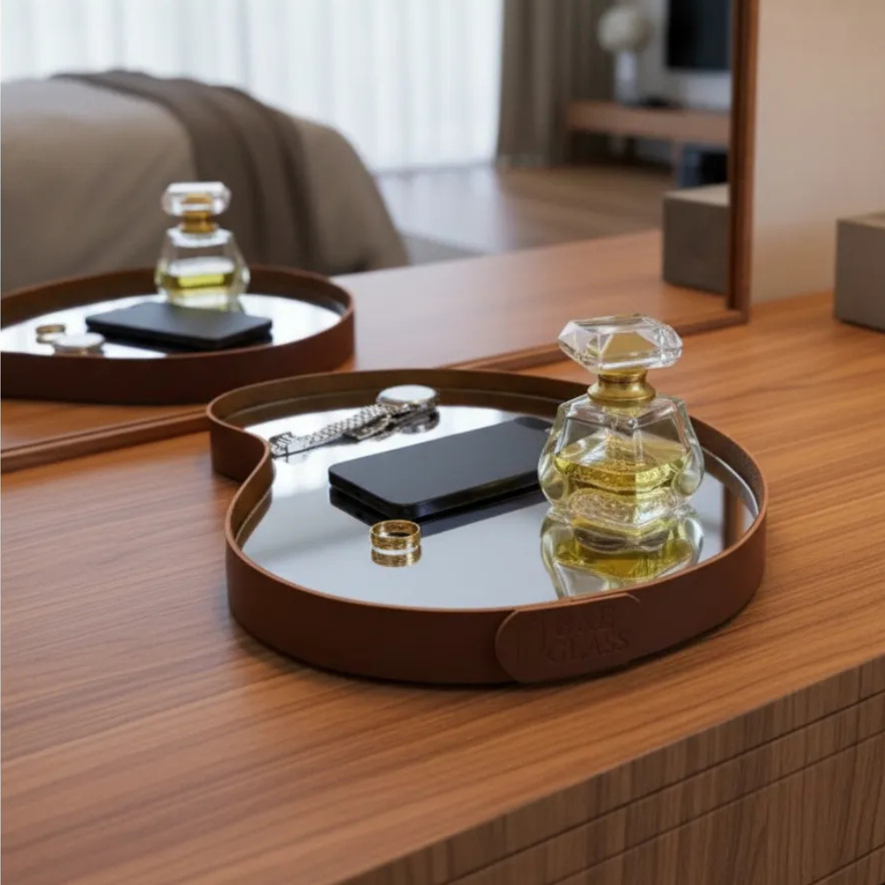 Bandeja Decorativa Pera Espelhada Couro Orgânico Caramelo 36x25 cm