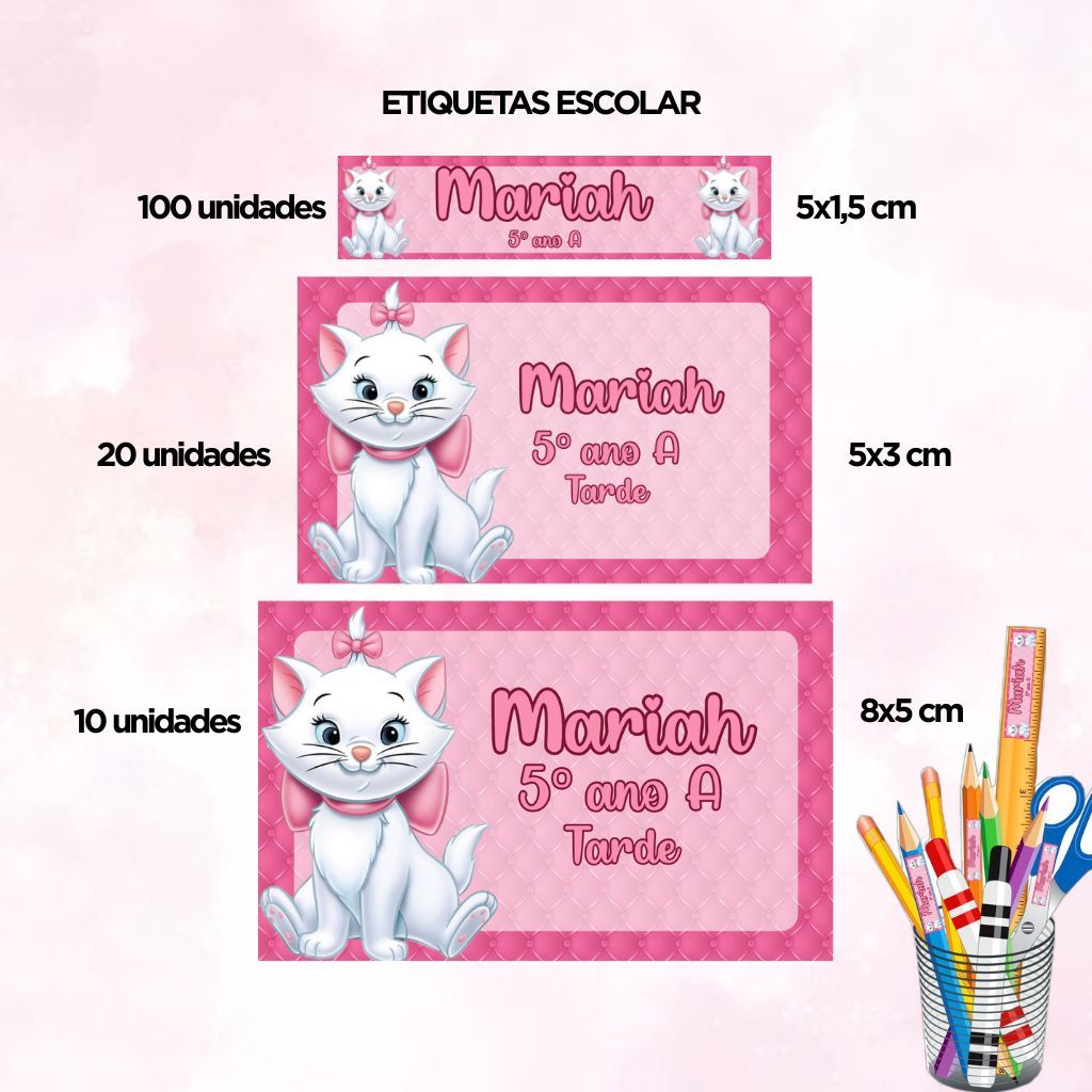 Kit 130 Etiquetas Escolar Gatinha Marie - Volta as Aulas ~ Etiquetas Adesiva Escolar Personalizado em Oferta na Shopee