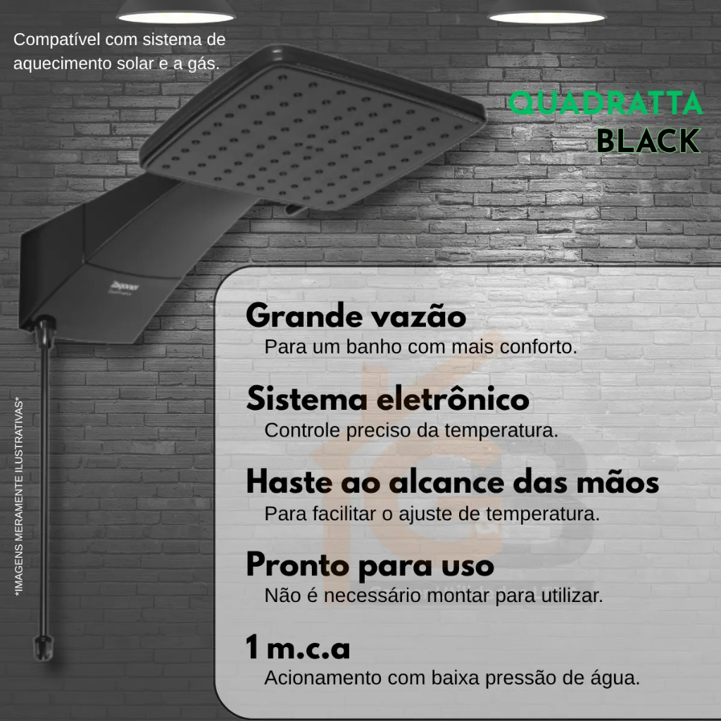 Ducha Eletrônica Zagonel Quadratta Black 7700W 220V com Braço Parede Design Quadrado Alta Vazão