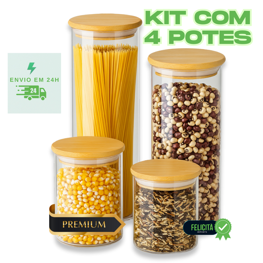 Kit 4 Potes 500ml 700ml 1000ml 1.400ml Herméticos De Vidro Borossilicato Tampa De Bambu em Oferta na Shopee