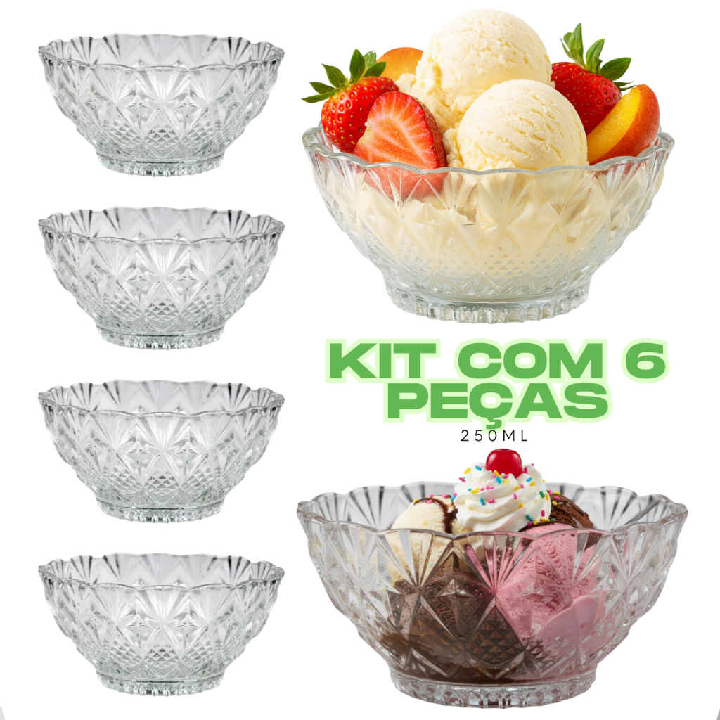 Jogo 6 Mini Taças Em Vidro Para Sobremesa Tigela Bowl Petisqueira Sorvete Doces