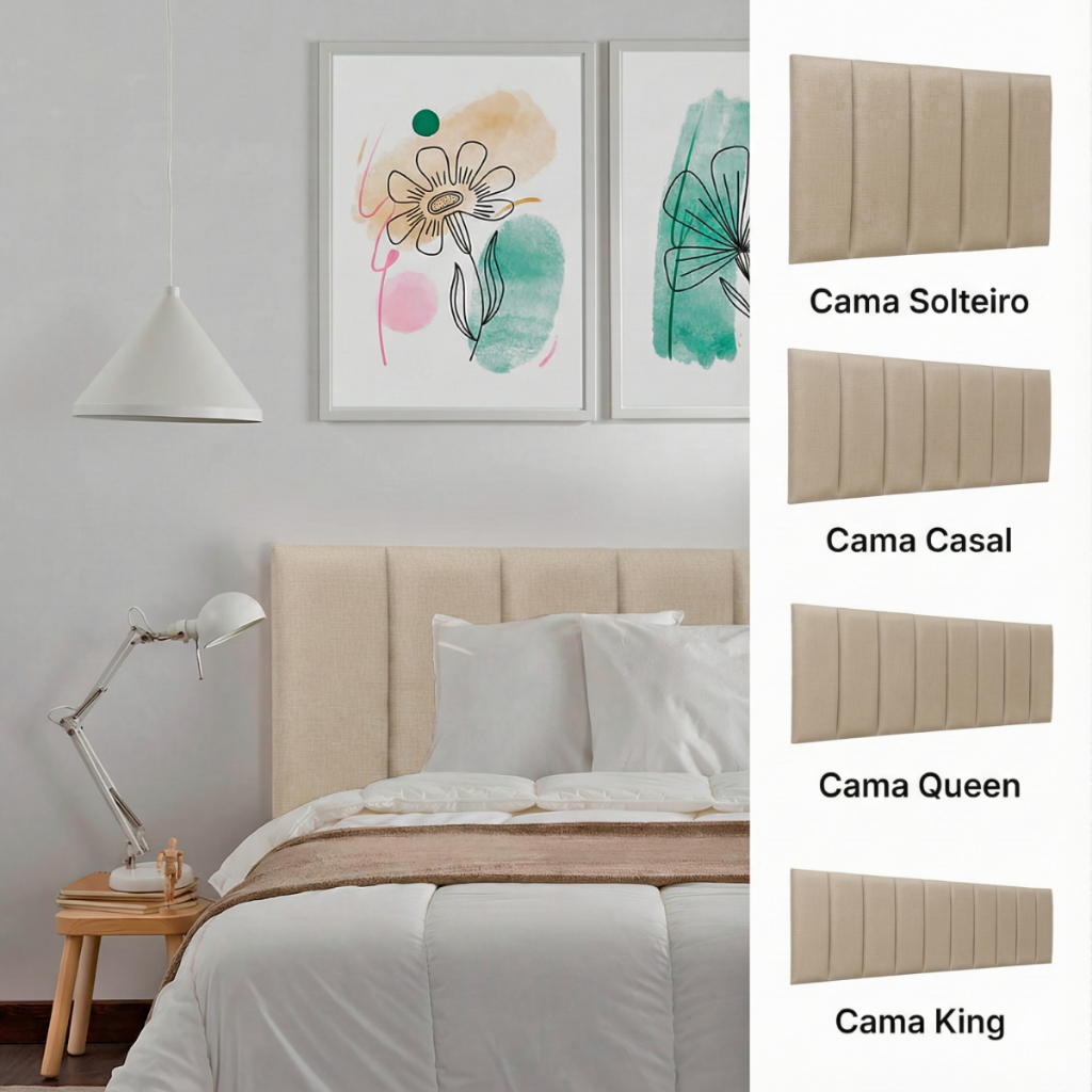 Cabeceira Placa 60x20 Estofada Ripada Modula Adesiva Linho Marfim Cama Box Solteiro Casal Queen King