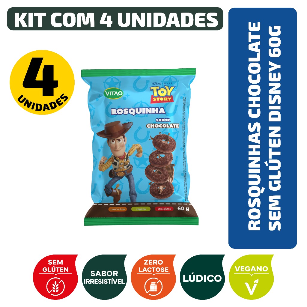 Kit Rosquinhas Chocolate Sem Glúten Disney 60G - 4 Unidades