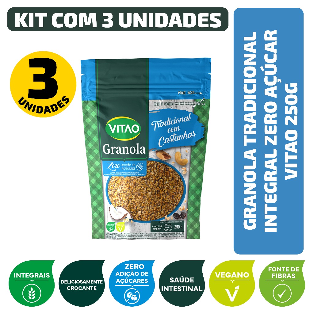Kit Granola Tradicional Integral Zero Açúcar Vitao 250G - 3 Unidades em Oferta na Shopee