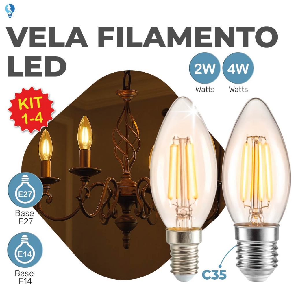 Lâmpada Filamento Vela Led E27 e E14 Luz Quente C35 4W Amba Retro Vintage 2200K 110V-220V Bivolt em Oferta na Shopee