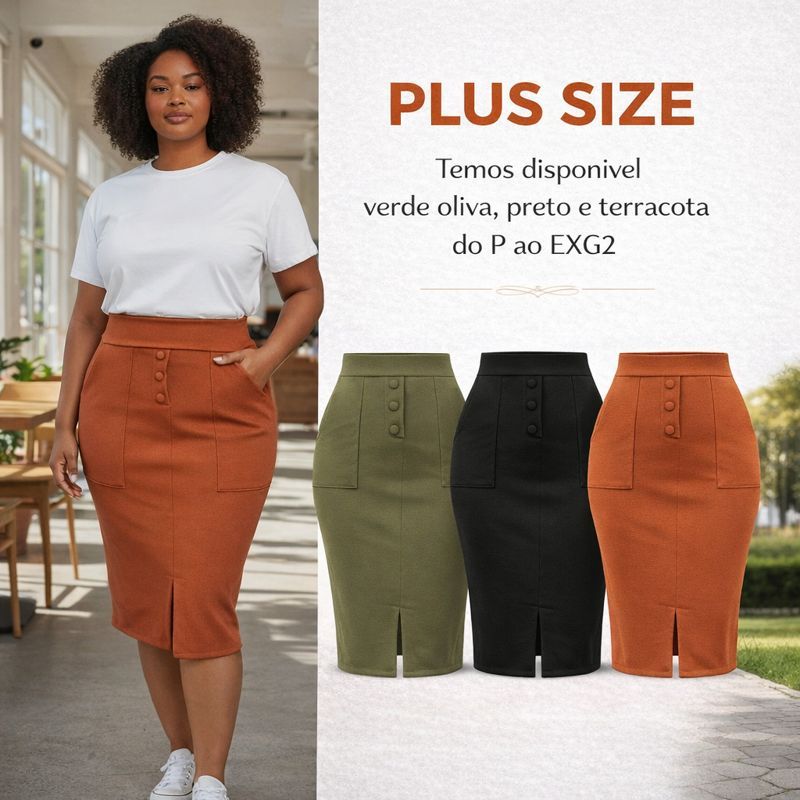 Saia Feminina Plus Size Com Fenda Bolso Com Botão Fake Saia Social Midi Feminina Patê Falso em Oferta na Shopee