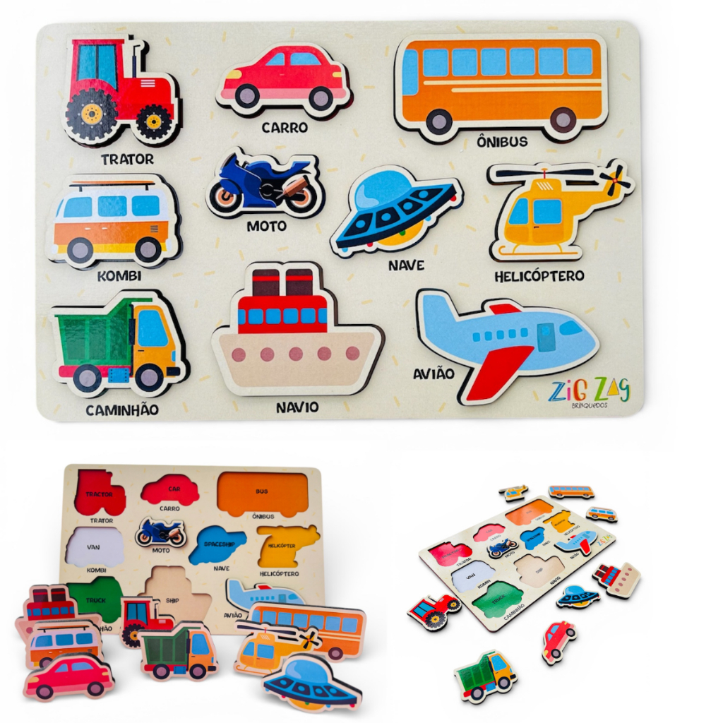 Tabuleiro Meios De Transporte Encaixe Infantil Madeira Grande Didático