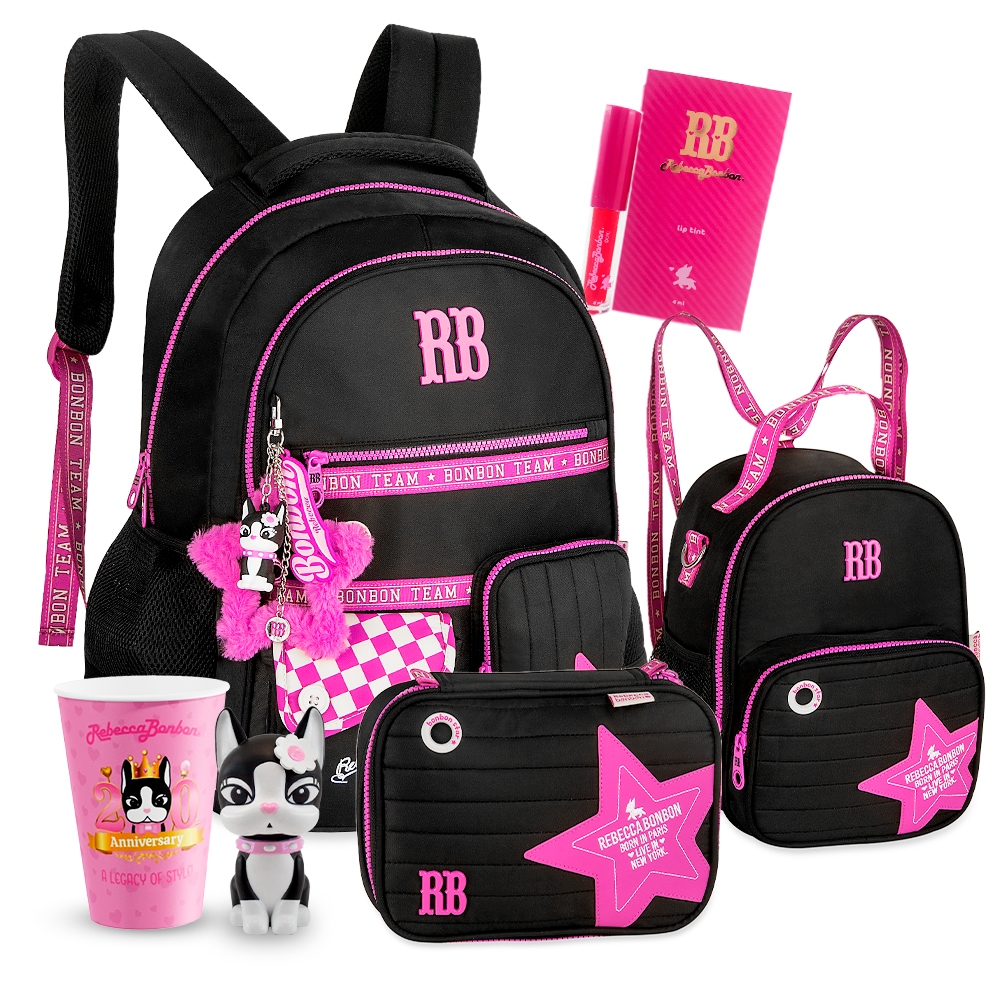 Kit Mochila Rebecca Bonbon Lancheira Térmica 2 em 1 Estojo Box Escolar Bolso Anti-Furto