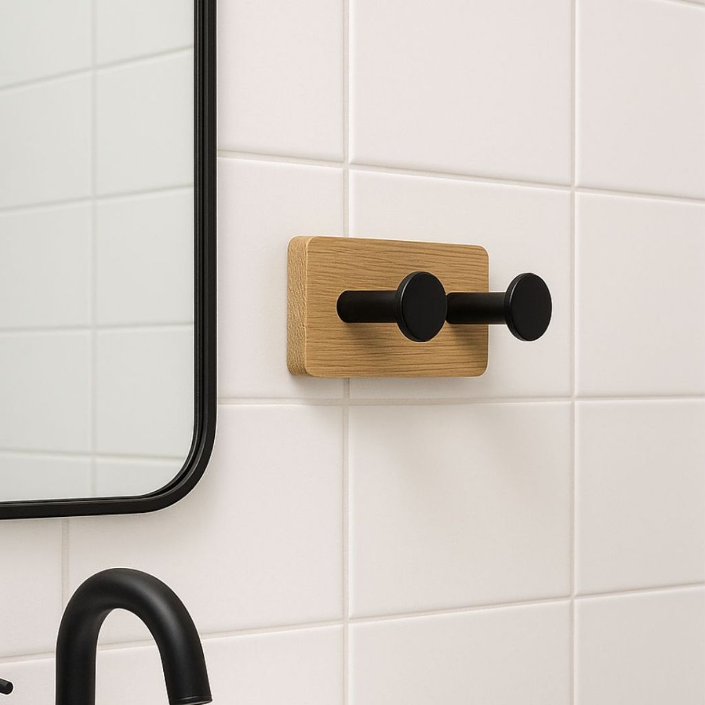 Suporte Multiuso com 02 Ganchos Madeira e Ferro Autoadesivo em Oferta na Shopee