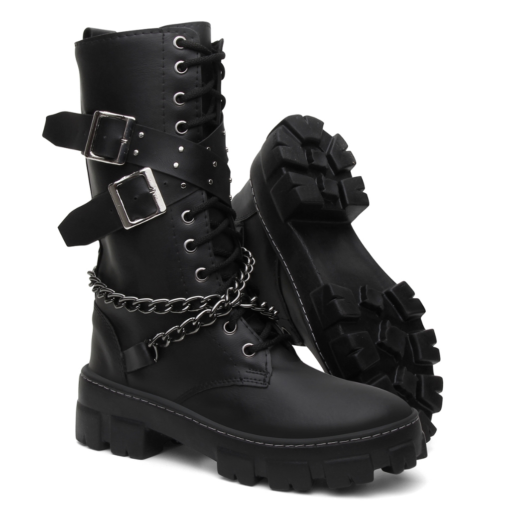 Coturno/Bota Cano Alto Feminino Rock Gotico Festival com Correntes e Fivelas e Sola Alta Tratorada
