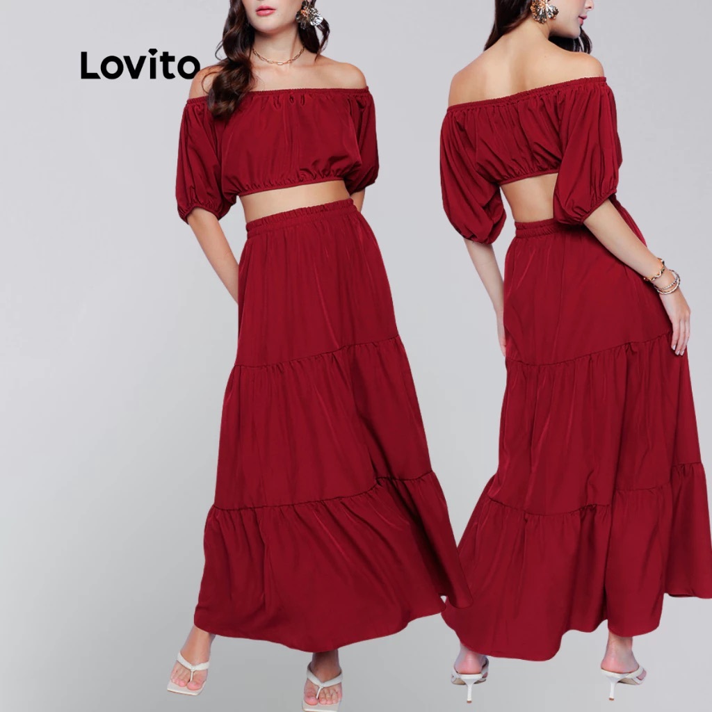 Lovito Conjunto Feminino de Top Cropped e Saia Longa Liso KSB696BRL726 em Oferta na Shopee