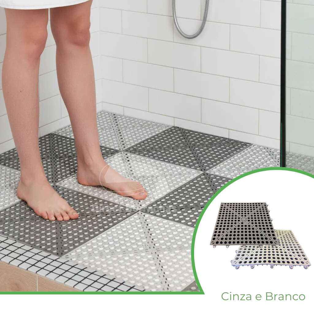 Kit 10 Tapete Modular para Box, Banheiro, Vestiários e Áreas Pet - Cinza e Branco Direct Borrachas