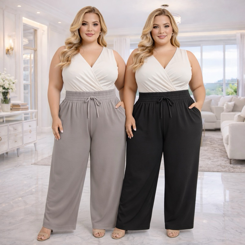 Calça Pantalona Plus Size Feminina Cintura Alta com Bolsos Funcionais Confortável Moda Elegante