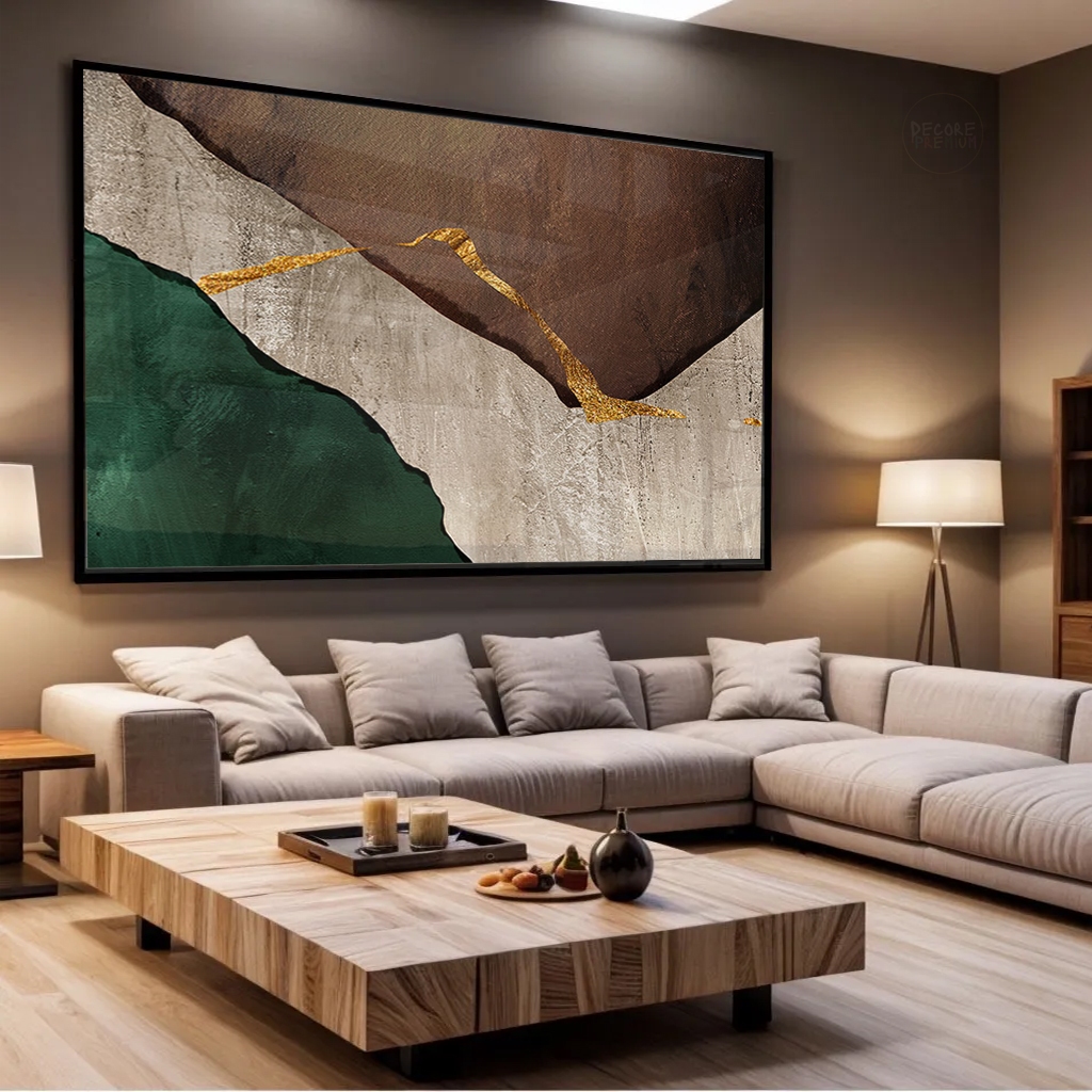 Quadro Decorativo Sala Hall Abstrato Orgânico Verde  Bege Marrom e Ouro Luxo Minimalista Grande Tela em Canvas
