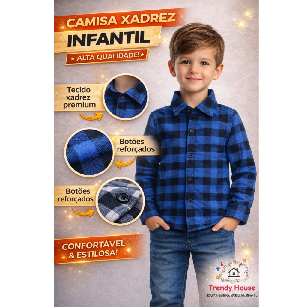 Camisa Xadrez Infantil e Juvenil Unissex Manga Longa De Botão Com Gola - ENVIO IMEDIATO !!!