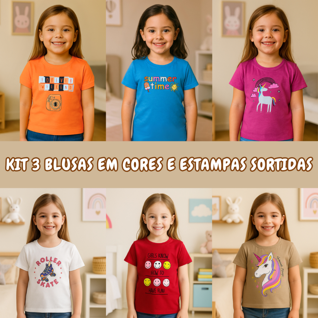 Kit 3 Blusas Infantil Tshirt Camisetas Estampadas Desenho Verão Juvenil Menina Cores Sortidas