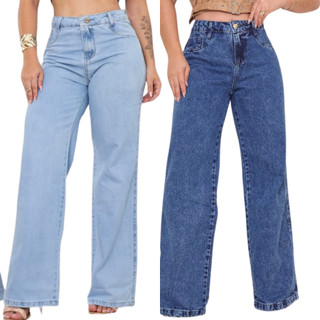 KIT CALÇA WID LEG JEANS 100% SEM LAYCRA COS ALTO JEANS SEM LAYCRA CALÇA BOCA LARGA CLARA …