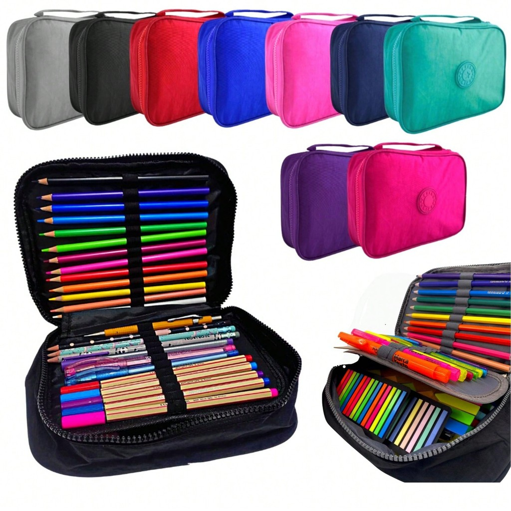 Estojo Box Escolar 100 Pens Grande 2 Divisórias Nylon C/Alça Infantil Juvenil