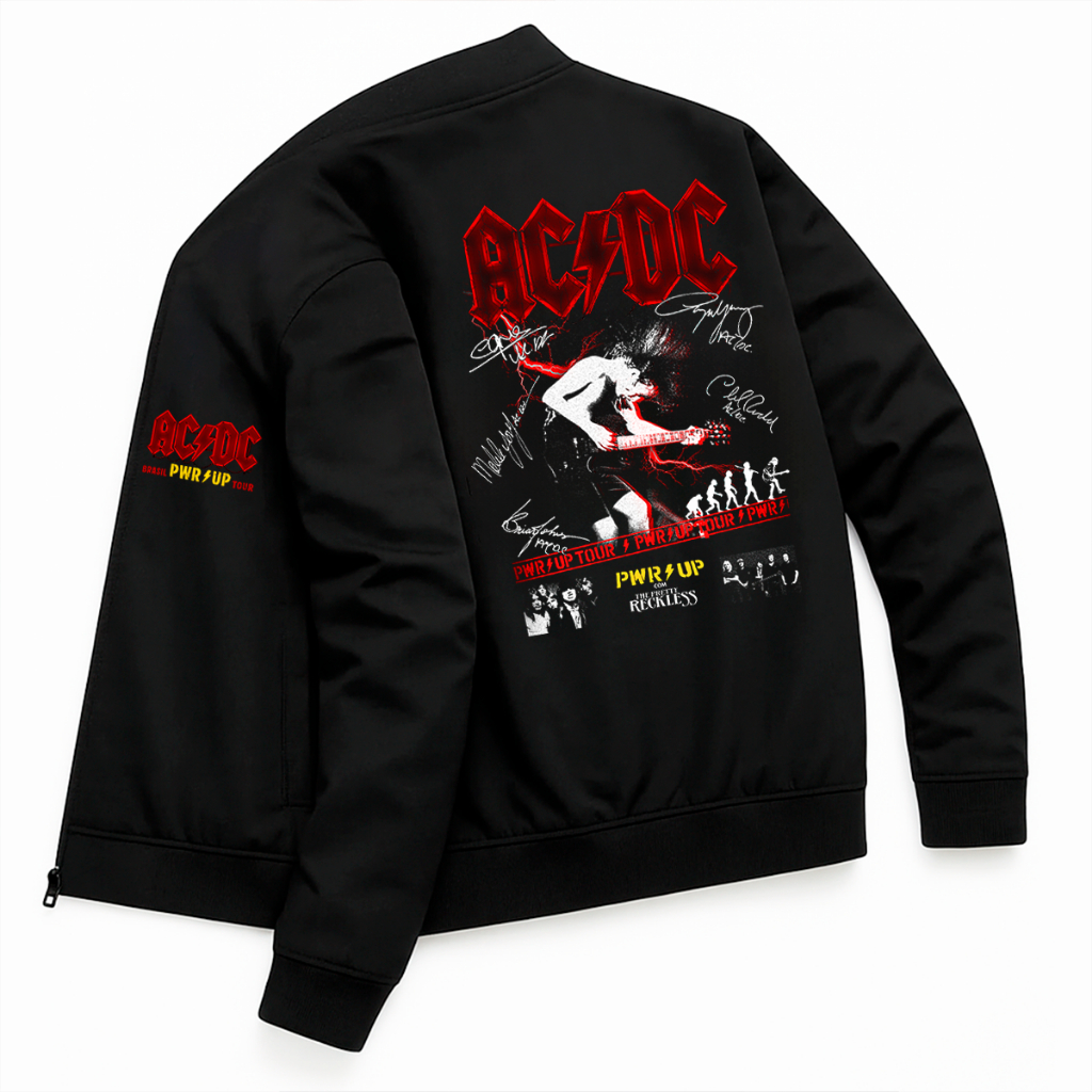 Jaqueta Bomber Masculina Esportiva Gym AcDc Tour Worlds Banda Hard Rock Assinaturas
