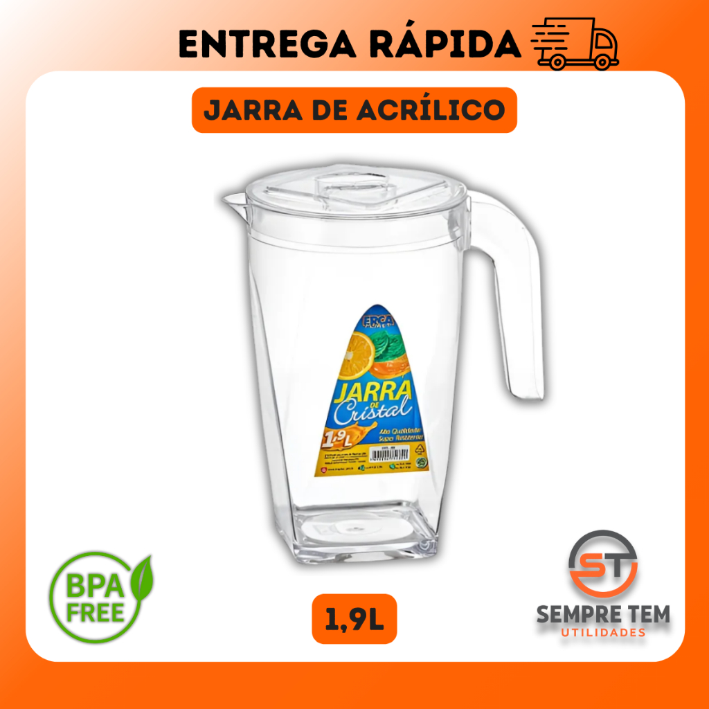 Jarra 1,9 Litros com Tampa Transparente Plástico Resistente Atóxico Para Bebida Suco Água Acrílico
