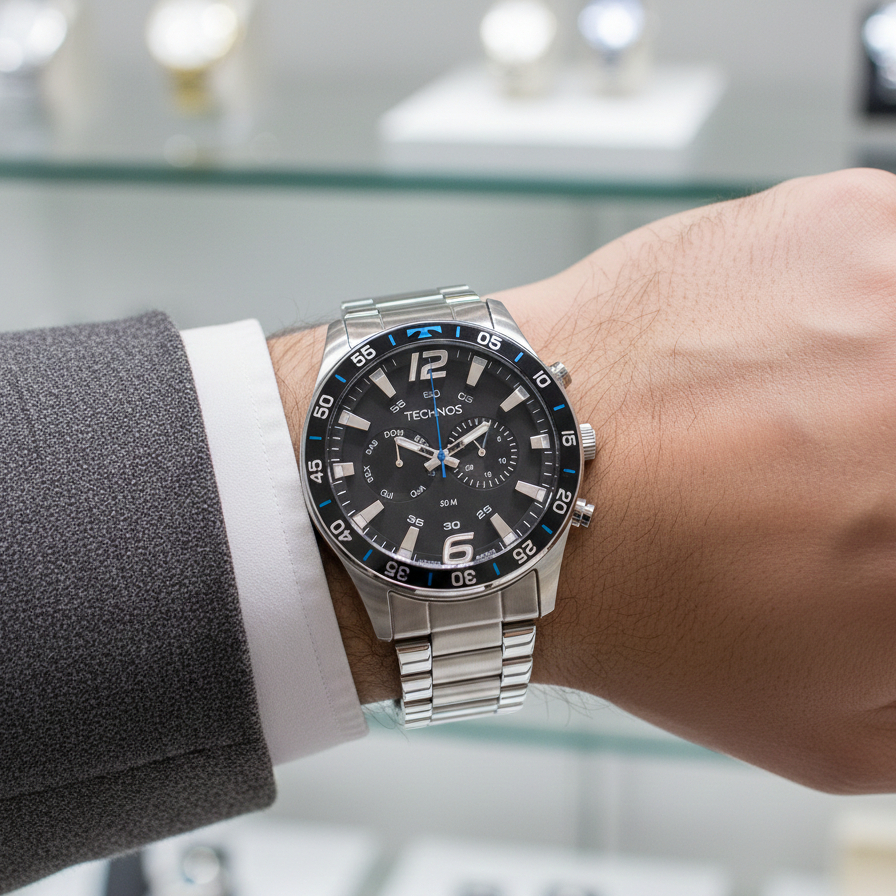 Technos Masculino Racer Relógio Cronógrafo Aço Prata Mostrador Preto 6P25BW/1P