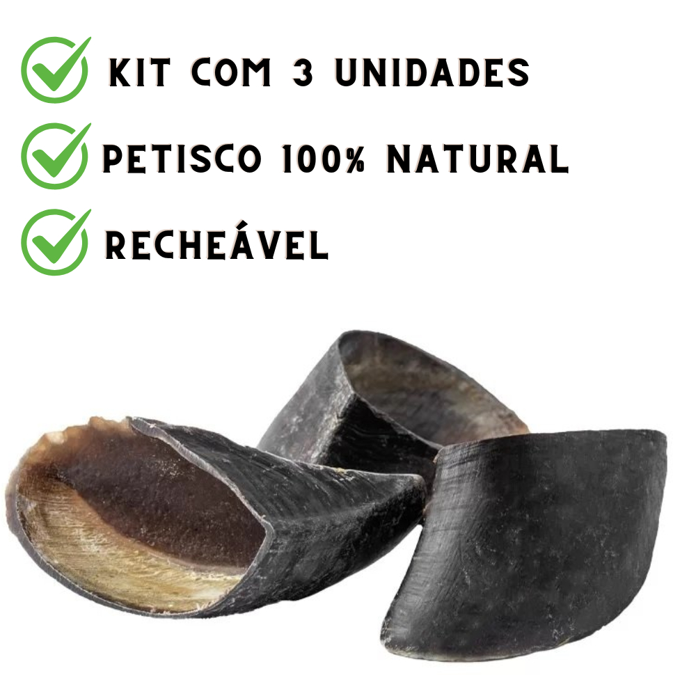 Kit 3 Unidades Casco Bovino Mordedor Recheável Para Pet 100% Natural Brinquedo Resistente Para Cães