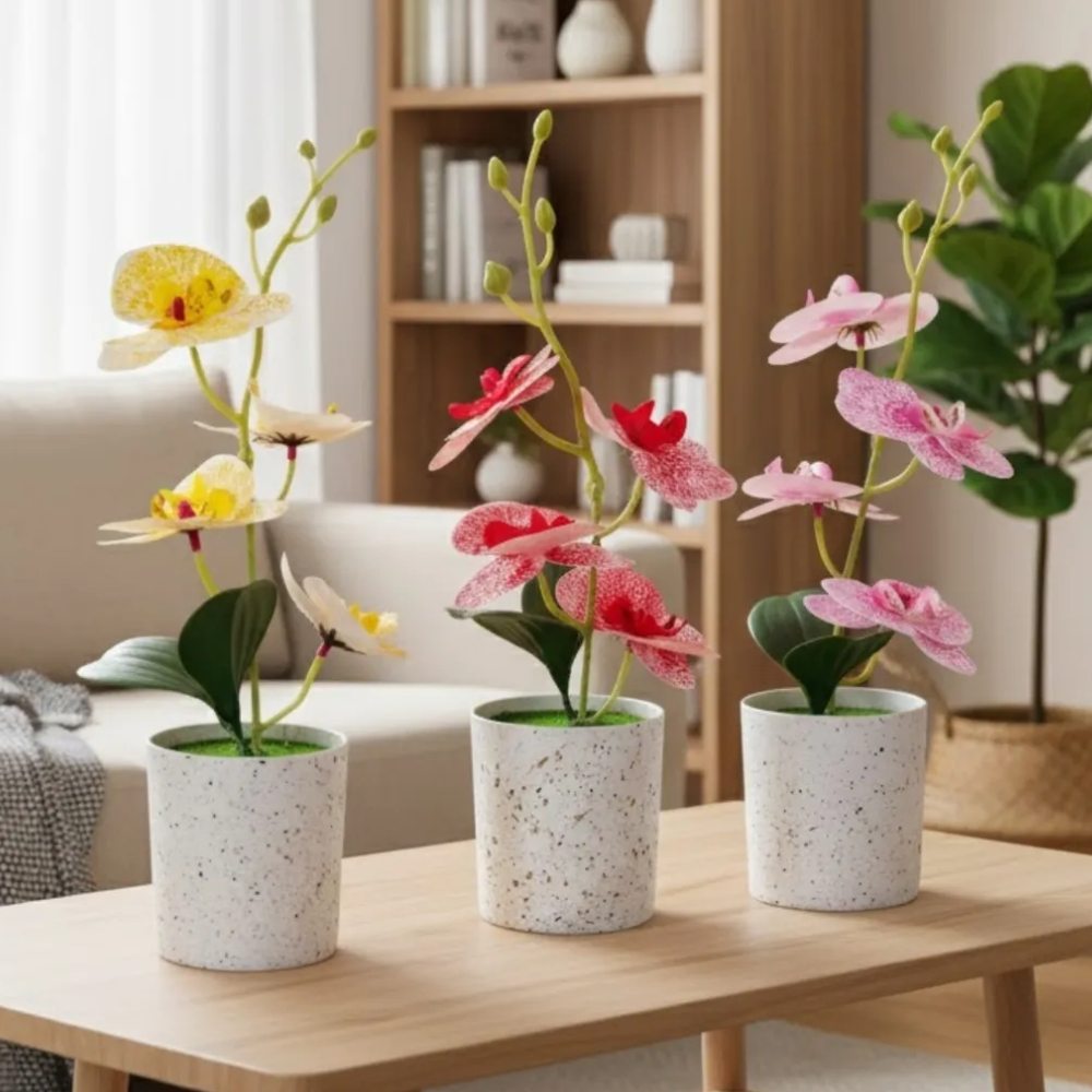 Kit 3 Vasinho Flor Orquídea Artificial Realista Vaso Planta Decorativa Arranjo Decoração Enfeite Centro Mesa Barato
