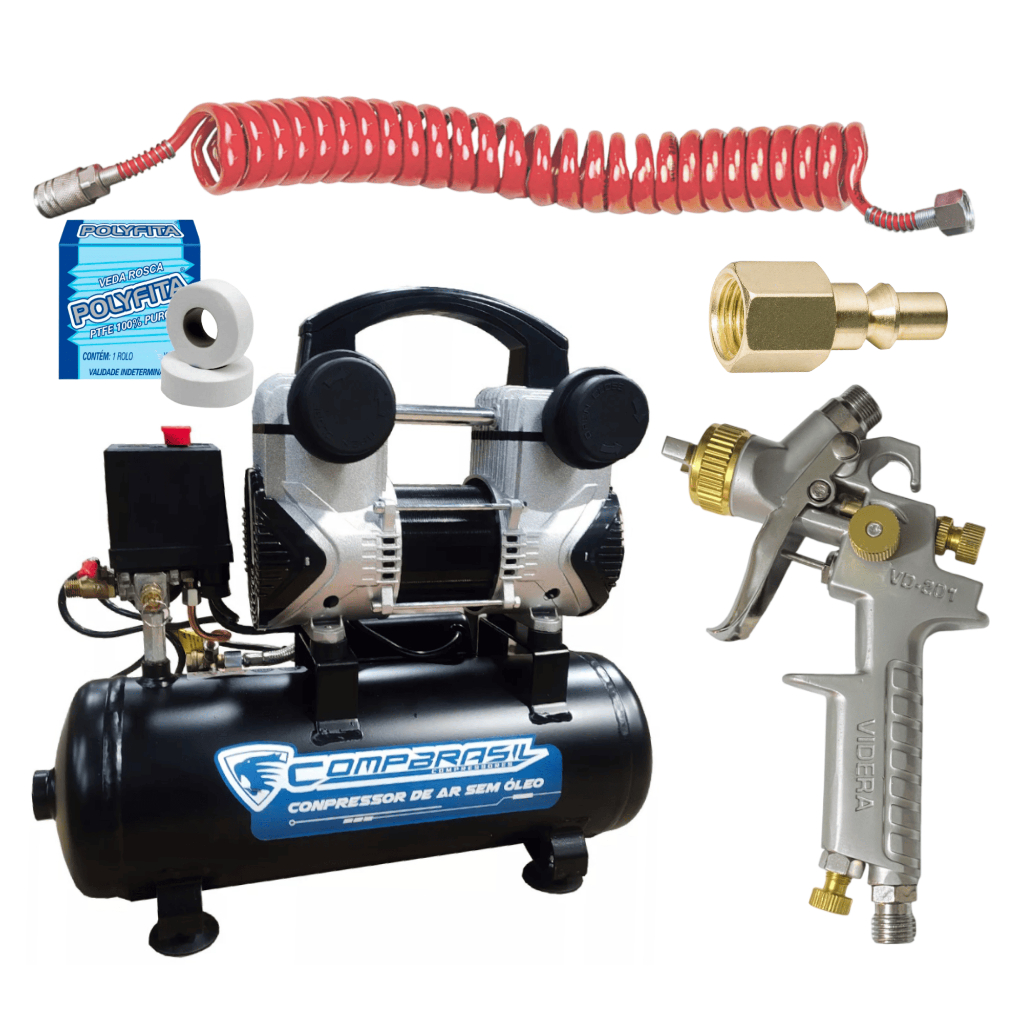 Kit Compressor Sem Óleo 1200-8l 220v Pist 1mm Mang Eng 10mt
