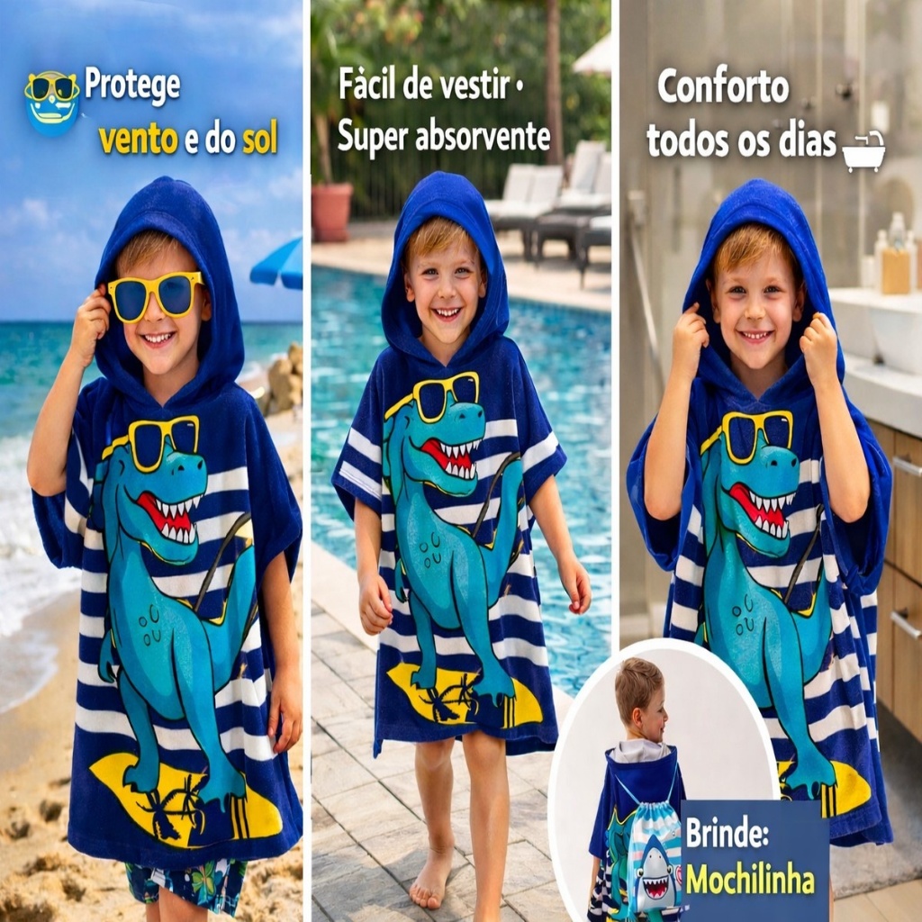 Toalha Infantil Com Capuz Menino Dinossauro Secagem Rapida Praia Piscina Natação Poncho Surf em Oferta na Shopee