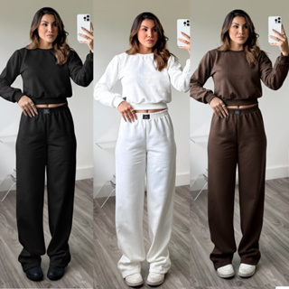 Conjunto Moletom Feminino Blusa manga longa Flanelado Veludo sem bordado cropped + calça pantalona em Oferta na Shopee