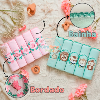 Kit 5 Fraldas de Pano Para Bebê Bordadas Coloridas 70x70cm Tecido Duplo 100% Algodão Menino Menina em Oferta na Shopee