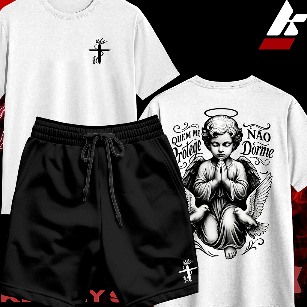 KIT Camisa Streetwear 100% Algodão e Bermuda Mauricinho Estampa ANJO QUEM ME PROTEJE NÃO DORME em Oferta na Shopee